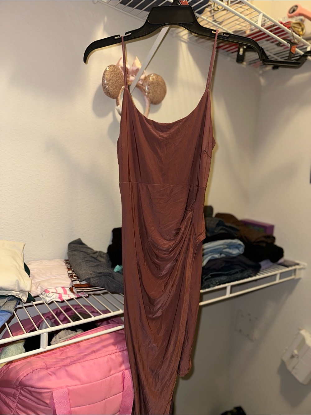 Fashion Magazine Mauve-Brown Spaghetti Strap Midi Dress